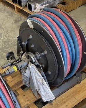 Hannay Hose Reel Oxy-Acet Assembly , 20mtrs of 10mm Hose including Fittings and Hose Stop